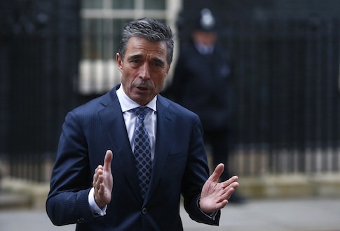 Secretary General of NATO Anders Fogh Rasmussen speaks to the media after meeting Britain's Prime Minister David Cameron at 10 Downing Street, in central London