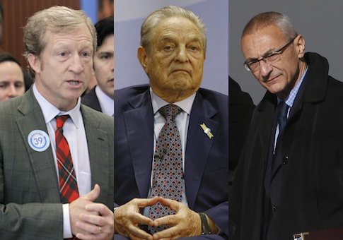 Tom Steyer, George Soros, John Podesta / AP