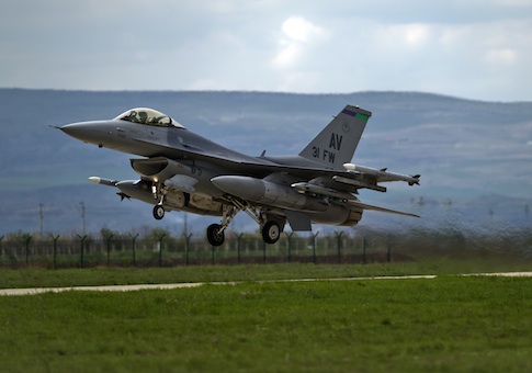 An US F16 fighter jet takes off from a Romanian air base