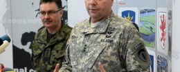 U.S. Army Europe commander Ben Hodges speaks as Polish general Boguslaw Samol stands during news conference during a visit to the Multinational Corps Northeast, NATO base at Szczecin in north-west Poland
