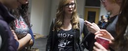 An American University student on a Sexual Assault Awareness and Prevention Task Force dealing with campus sexual assaults and violence, speaks with fellow students