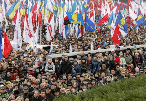 Protesters attend a rally to support EU integration in central Kiev