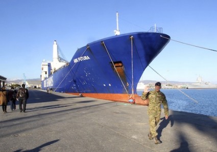 One of two cargo ships intended to take part in a Danish-Norwegian mission to transport chemical agents out of Syria docks in Limassol