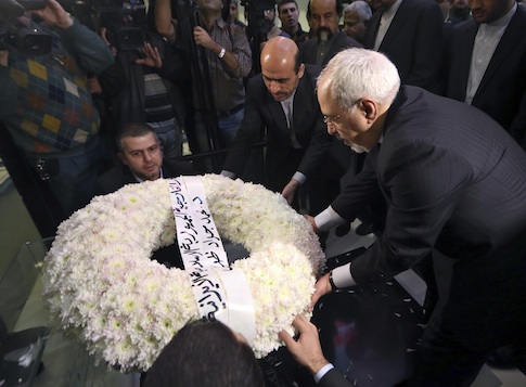 Iranian Foreign Minister Mohammad Javad Zarif lays a wreath on the grave of Imad Mughniyeh, a top Hezbollah commander