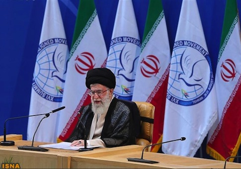 Iran's Supreme Leader Ayatollah Ali Khamenei speaks during the 16th summit of the Non-Aligned Movement in Tehran