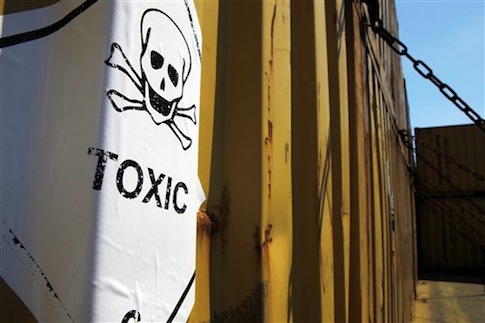 A sticker reading "Toxic" on containers carrying Syria's dangerous chemical weapons, on the Danish cargo ship, Ark Futura, transporting the chemical weapons out of the strife-torn country