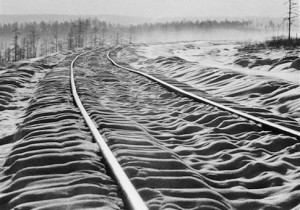 Snow ripples over sleepers between curving rails on the Trans-Siberian railroad, Oct. 28, 1978