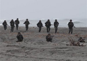 U.S. Marines and their Philippine counterpart secure the perimeter during the 20th Cooperation Afloat Readiness And Training (CARAT), a joint naval exercise