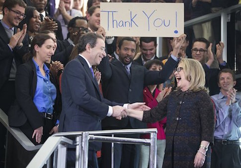 Secretary of State Hillary Rodham Clinton bids goodbye to Deputy Secretary of State for Management and Resources Thomas Nides, left, after giving her farewell remarks to State Department officials and employees, Friday, Feb. 1, 2013