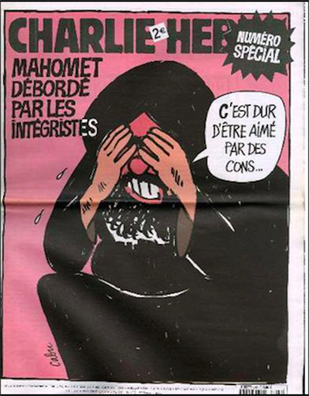 The cover of a 2006 issue containing cartoons that mocked Mohammed. The caption reads 