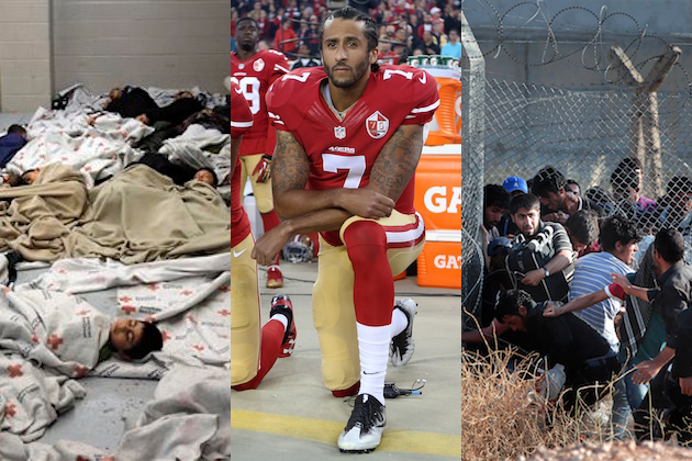 Child migrants from Central America, Colin Kaepernick kneeling during the national anthem, Syrian refugees crossing border into Turkey / All images via AP
