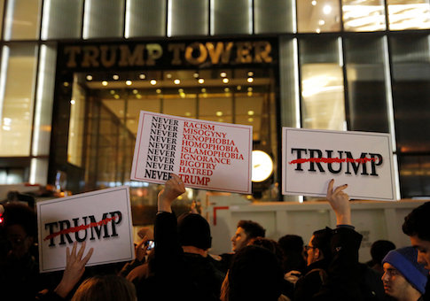 People protest outside Trump Tower following President-elect Donald Trump's election victory in Manhattan, New York, U.S.