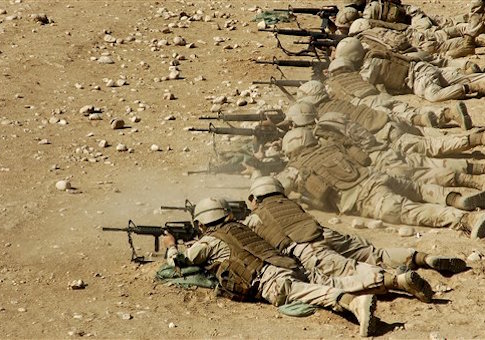 U.S. Navy Seabees fire M-4 and M-16A2 rifles during weapons qualification training near Camp Mike Spann, Afghanistan