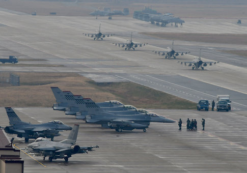 U.S. Air Force F-16 Fighting Falcon fighter aircraft, assigned to the 36th Fighter Squadron, deploy during Exercise Vigilant Ace 18 at Osan Air Base, South Korea U.S. Air Force F-16 Fighting Falcon fighter aircraft, assigned to the 36th Fighter Squadron, deploy during Exercise Vigilant Ace 18 at Osan Air Base, South Korea