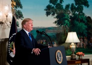 Donald Trump speaks about the Iran deal from the Diplomatic Reception room of the White House