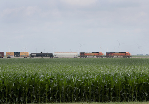 A train rolls past a corn field near Dwight, Illinois