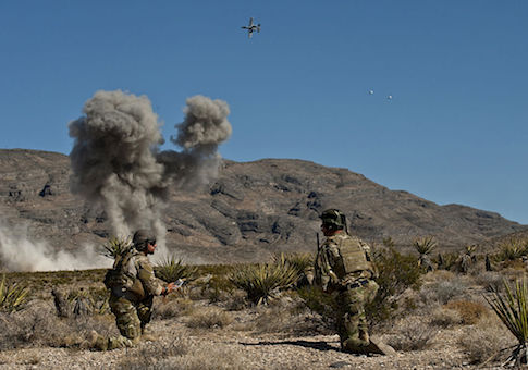 U.S. Air Force Combat Control JTACs from the 21st Special Tactics Squadron call for close air support from an A-10 Thunderbolt II while attending the Air Force's JTAC Advanced Instructor Course