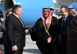 Secretary of State Mike Pompeo is grerted by Bahraini Foreign Minister Khalid bin Ahmed Al Khalifa