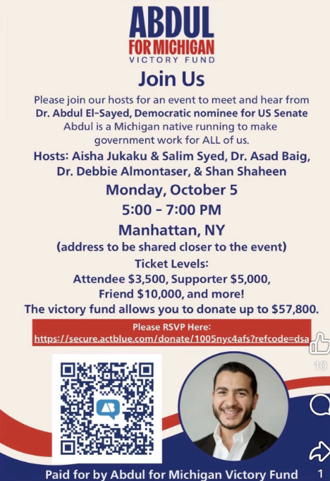 Abdul El-Sayed Fundraised Alongside School Principal Who Resigned for Defending ‘Intifada’ as T-Shirt Slogan and Gaza Flotilla Activist Who Has Described Thanksgiving as ‘National Day of Mourning’